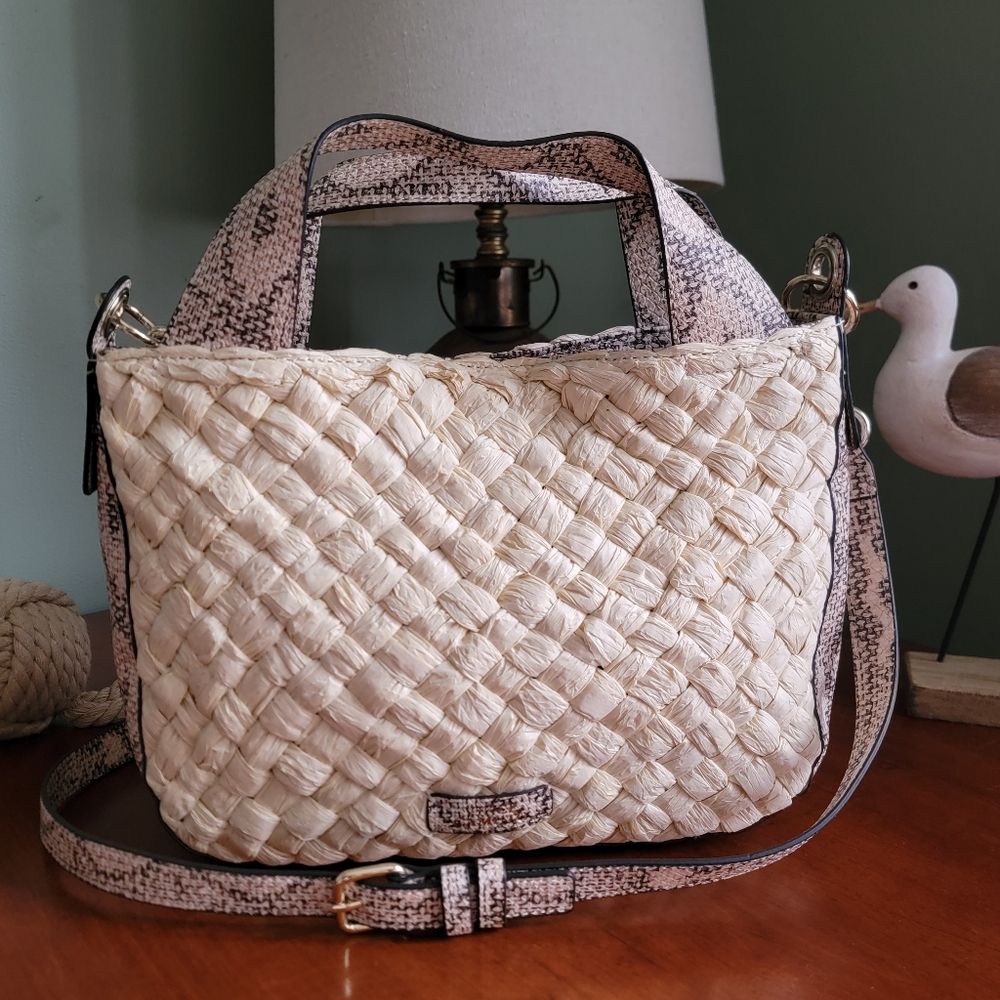 Vince Camuto Woven Leather Tote Cream Python Embossed Crossbody